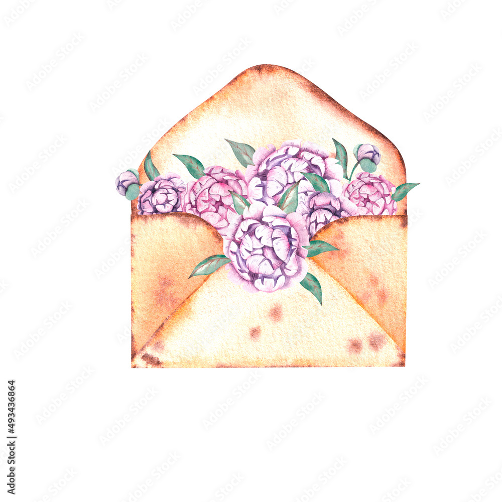 Watercolor envelope with peony flowers Watercolor envelope with peony flowers