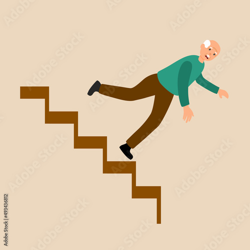 Senior man accident falling down stairs in flat design. Staircase accidents.