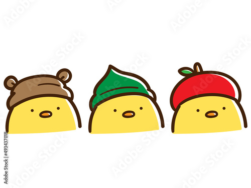 色々なベビー帽子を頭につけるかわいいひよこの手書き風イラストセット