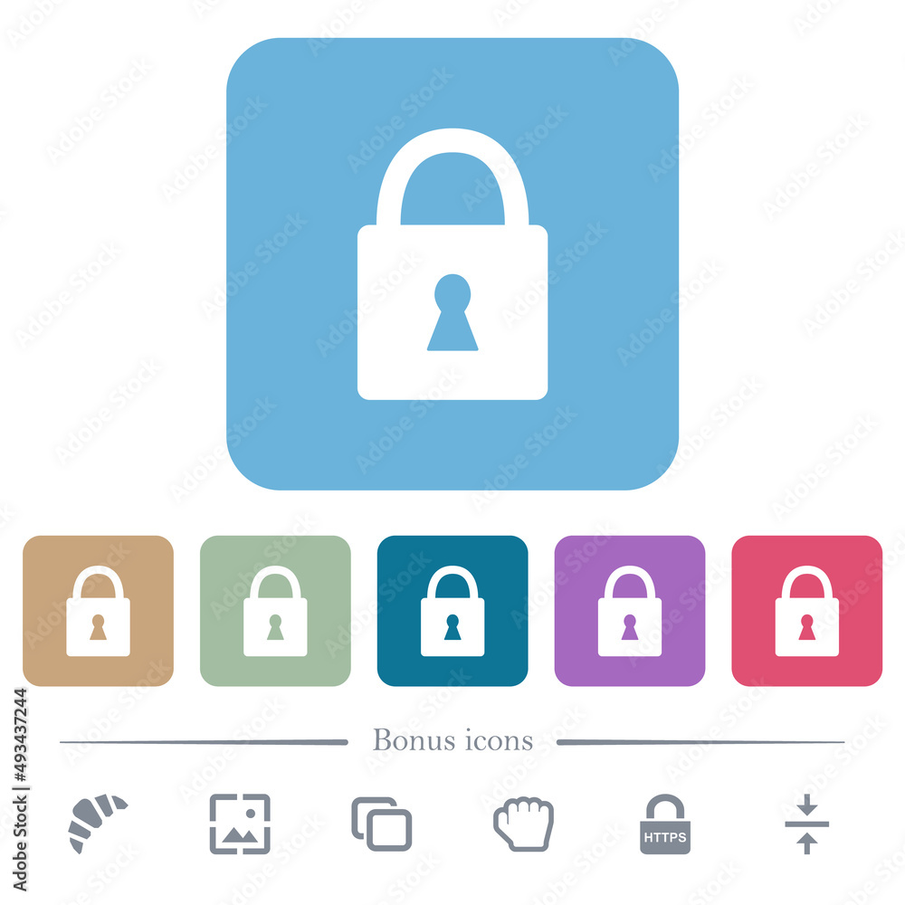 Locked padlock with keyhole solid flat icons on color rounded square backgrounds Locked padlock with keyhole solid flat icons on color rounded square backgrounds
