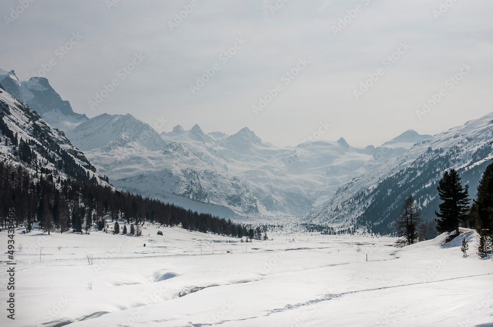 Val Roseg, Piz Roseg, Ova da Roseg, Rosegbach, Piz Sella, Piz Glüschaint, Sellagletscher, Winterwanderweg, Langlaufloipe, Berninagruppe, Oberengadin, Alpen, Winter, Wintersport, Graubünden, Schweiz 