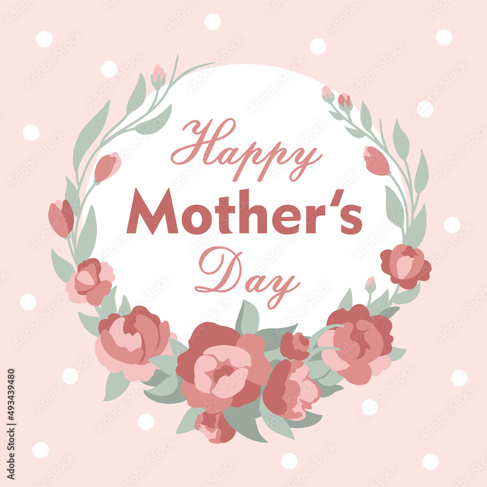 Happy Mother's Day. Greeting card for mom's. Celebration. Postcard with flowers. Vector illustration.