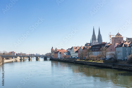 Regensburg cathedral, Danube river bank view in the city center in spring. High quality photo
