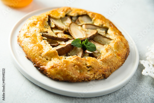 Homemade pear galette with almond and honey