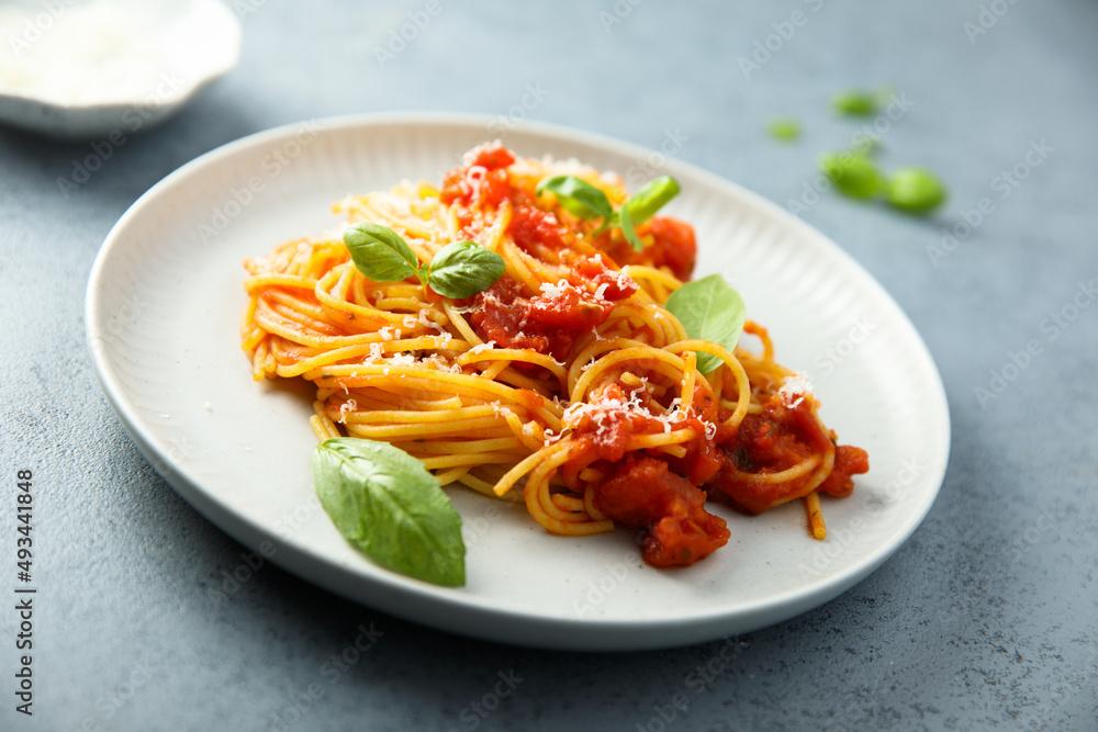Spaghetti with tomato sauce and basil Spaghetti with tomato sauce and basil