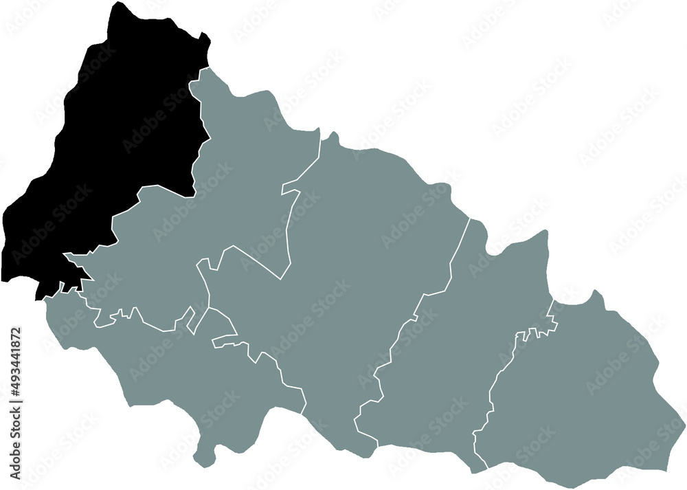 Black flat blank highlighted location map of the UZHHOROD RAION inside gray raions map of the Ukrainian administrative area of Zakarpattia Oblast, Ukraine