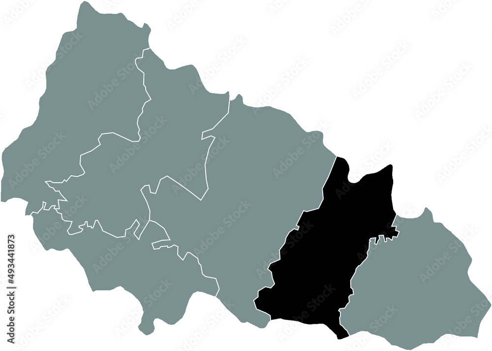 Black flat blank highlighted location map of the TIACHIV RAION inside gray raions map of the Ukrainian administrative area of Zakarpattia Oblast, Ukraine