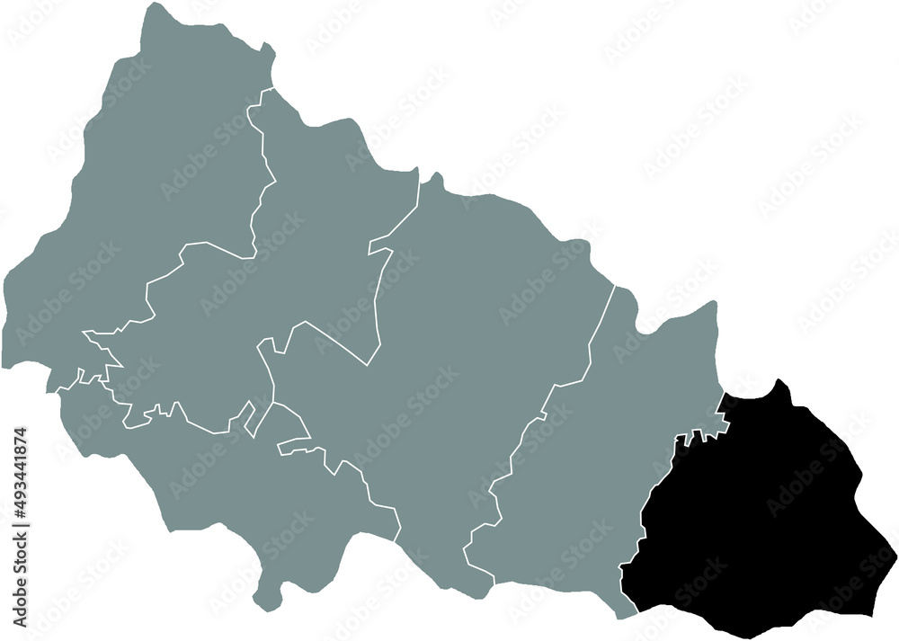 Black flat blank highlighted location map of the RAKHIV RAION inside gray raions map of the Ukrainian administrative area of Zakarpattia Oblast, Ukraine