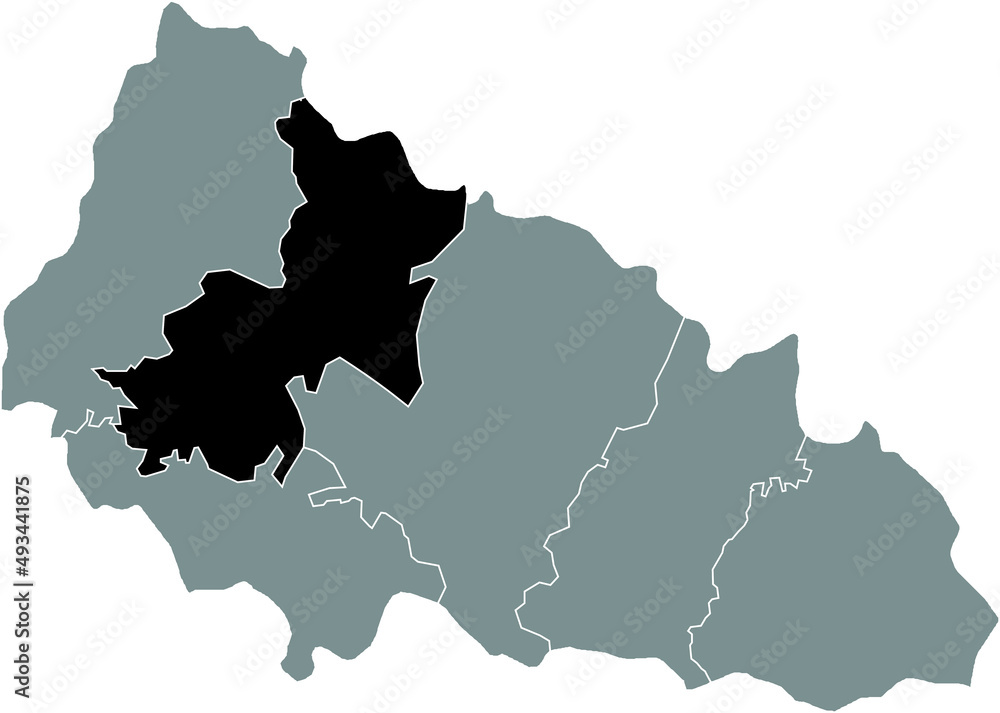 Black flat blank highlighted location map of the MUKACHEVO RAION inside gray raions map of the Ukrainian administrative area of Zakarpattia Oblast, Ukraine
