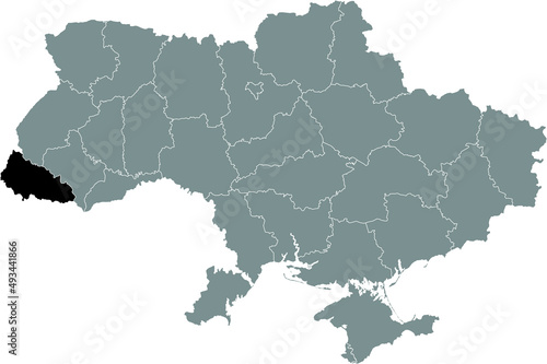 Black flat blank highlighted locator map of the Ukrainian administrative area of ZAKARPATTIA OBLAST inside gray flat map of UKRAINE