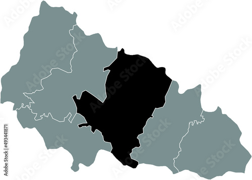 Black flat blank highlighted location map of the KHUST RAION inside gray raions map of the Ukrainian administrative area of Zakarpattia Oblast, Ukraine