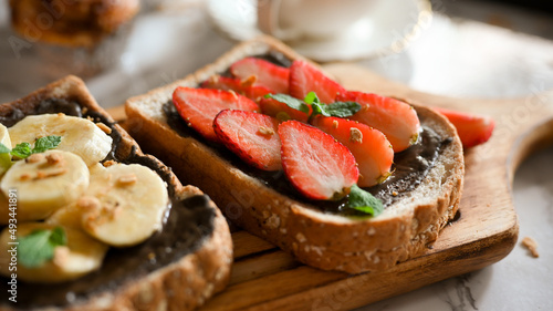 Close-up, Chocolate with banana and strawberry toasts
