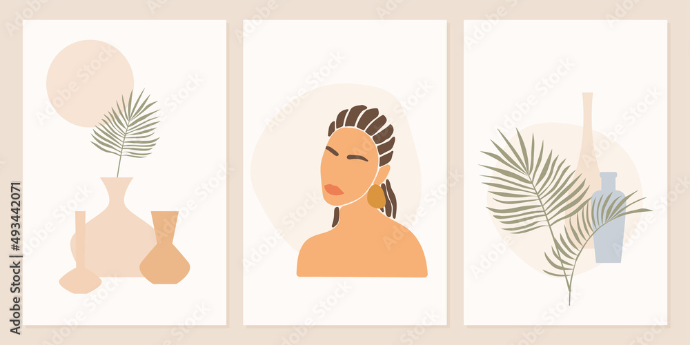 Girl and plant poster collection. Minimalist abstract boho woman portrait set.