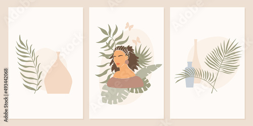 Girl and plant poster collection. Minimalist abstract boho woman portrait set.