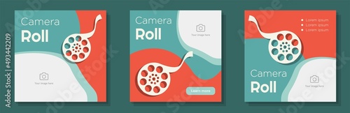 Retro film roll social media post, banner set, cinema movie theater business advertisement concept, vintage style entertainment show marketing square ad, abstract print, isolated on background