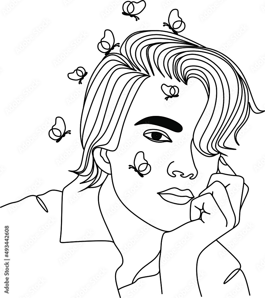 Man face with flowers . Abstract face with flowers by one line drawing. Portrait minimalistic style. Botanical print. Nature symbol of cosmetics. Muscular Man Man face with flowers . Abstract face with flowers by one line drawing. Portrait minimalistic style. Botanical print. Nature symbol of cosmetics. Muscular Man