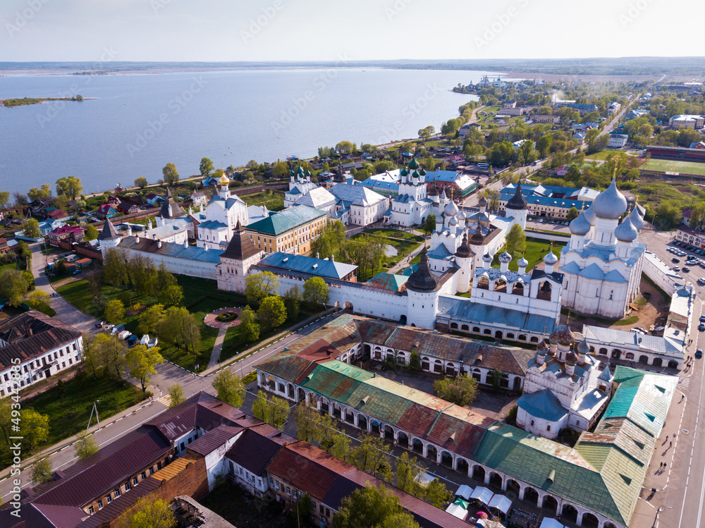 Aerial view of architectural complex of Rostov Kremlin located on board of Lake Nero in Russian city of Rostov