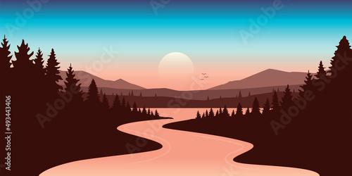 big river in the mountains at beautiful sunset purple landscape