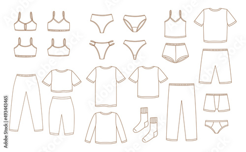 Set of women's and men's underwear, pajamas, home clothes - vector outline objects isolated on white