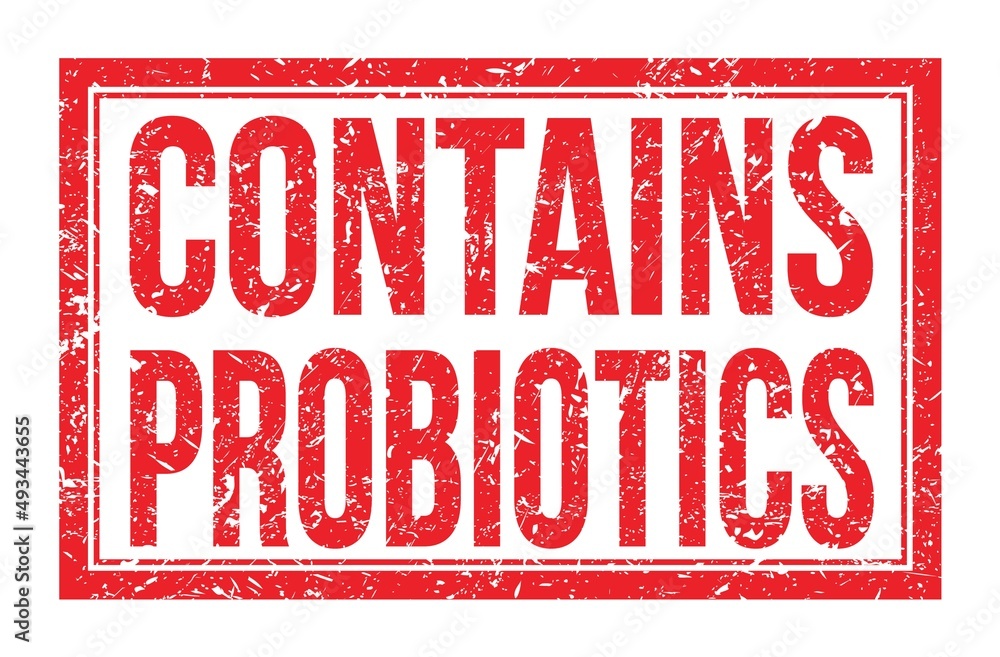 CONTAINS PROBIOTICS, words on red rectangle stamp sign CONTAINS PROBIOTICS, words on red rectangle stamp sign
