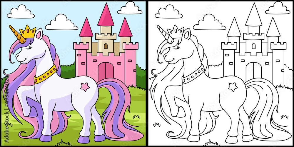 Unicorn Princess Coloring Page Colored Stock Vector | Adobe Stock