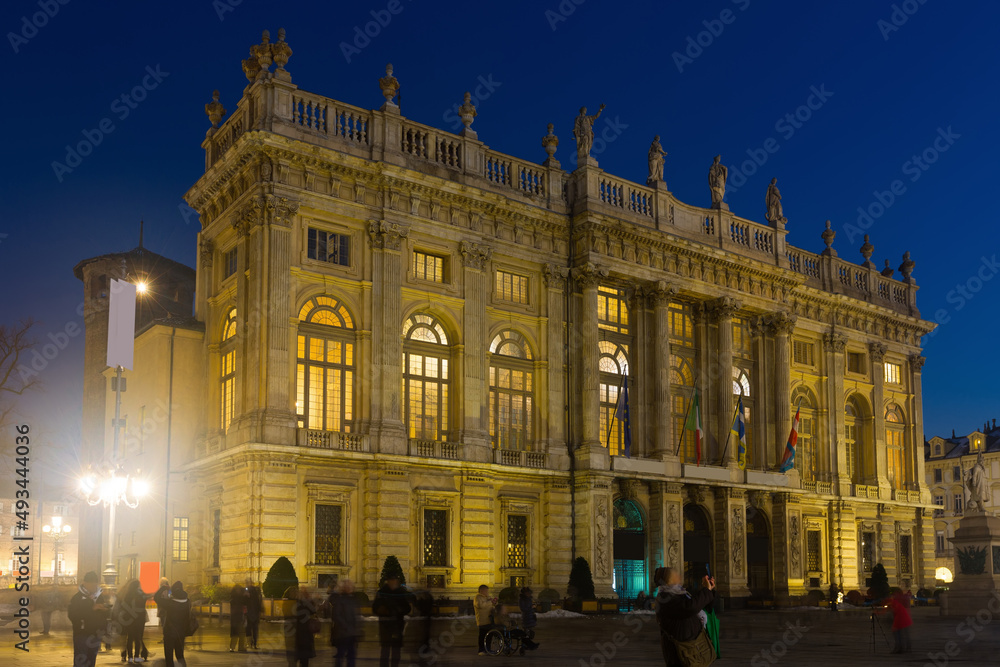 Illuminated facade of Palazzo Madama in Turin at night, Italy.