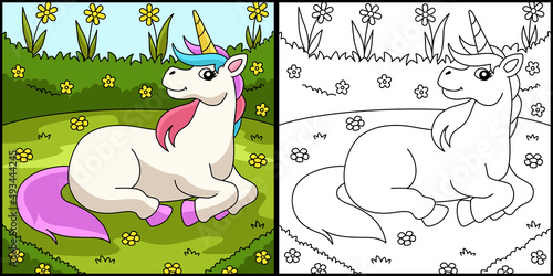 Unicorn Lying On The Flower Field Coloring Page
