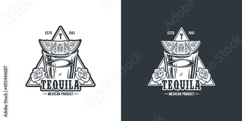 Tropical vector design with mexican tequila for alcohol pab. Tequila shot with lime and flowers.