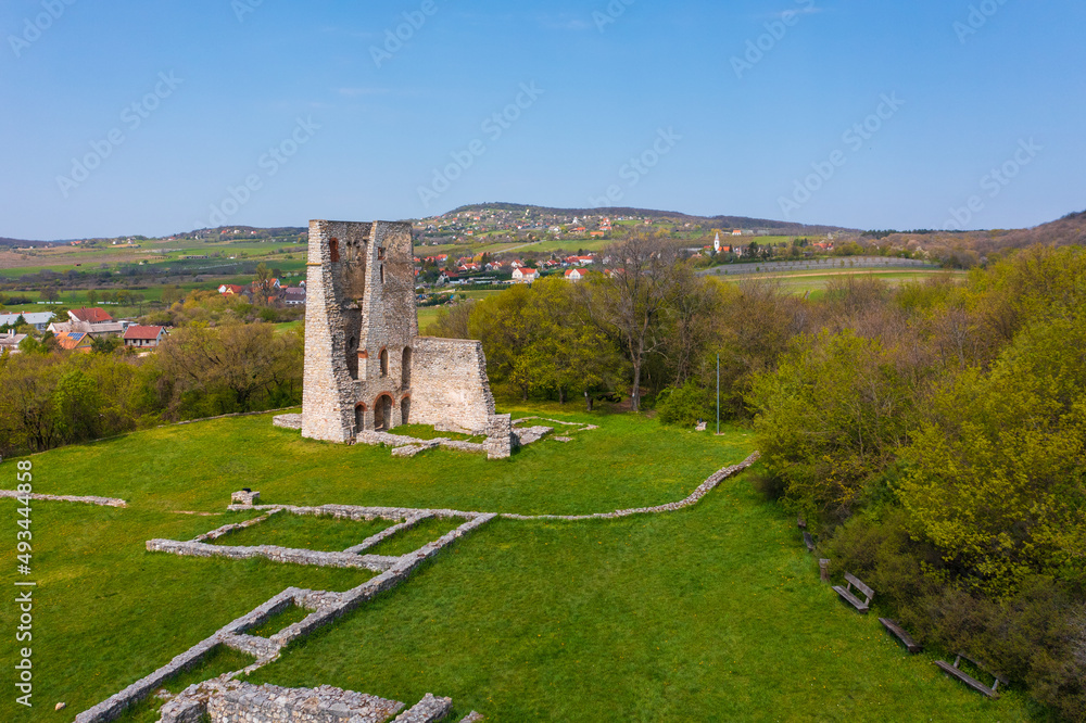 Dorgicse, Hungary - Aerial view about Boldogasszony church ruins near lake Balaton.