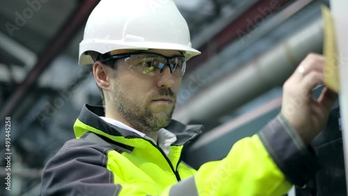 Shot of Professional Factory Worker Wearing Hard Hat Holds Tablet Computer, Walking Thorugh Modern Industrial Manufacturing Facility