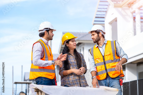Εκτύπωση καμβά Group of builders in working uniform are working on a building site,Civil engineer project construction work