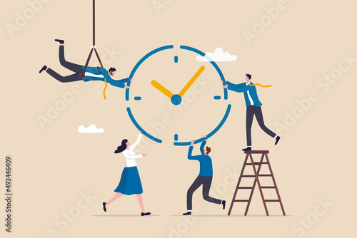 Time management or project management to control team to complete tasks or strategic planner to manage resources to complete work in deadline, businessman and woman help combine clock timer pieces.