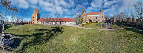 miasto Toszek, stary zamek, gród z IX wieku, panorama z lotu ptaka. Śląsk w P...