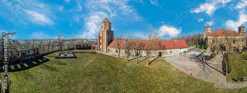 miasto Toszek, stary zamek, gród z IX wieku, panorama z lotu ptaka. Śląsk w P...
