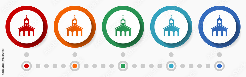 Church concept vector icon set, flat design colorful buttons, infographic template in 5 color options