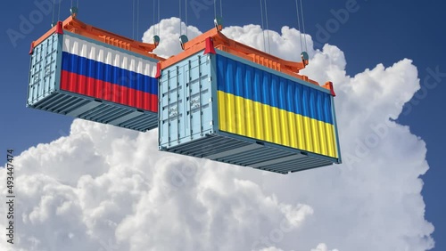 Cargo containers with Ukraine and Russia national flags. 3D Rendering