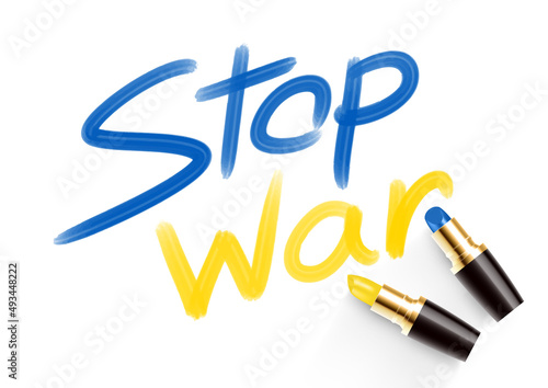 Stop War text drawing by Lipstick blue and yellow color, Peace Pray for Ukraine and Stop war concept design illustration isolated on white background with copy space, vector