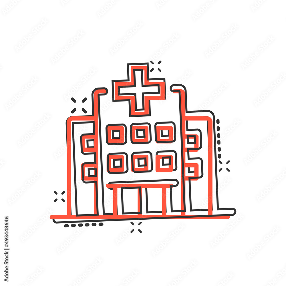Hospital building icon in comic style. Medical clinic cartoon vector illustration on isolated background. Medicine splash effect sign business concept.