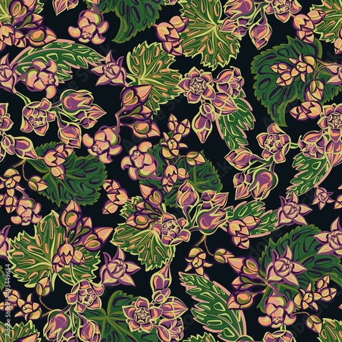 Seamless pattern. Stylized currant flowers on a black background. Vector.