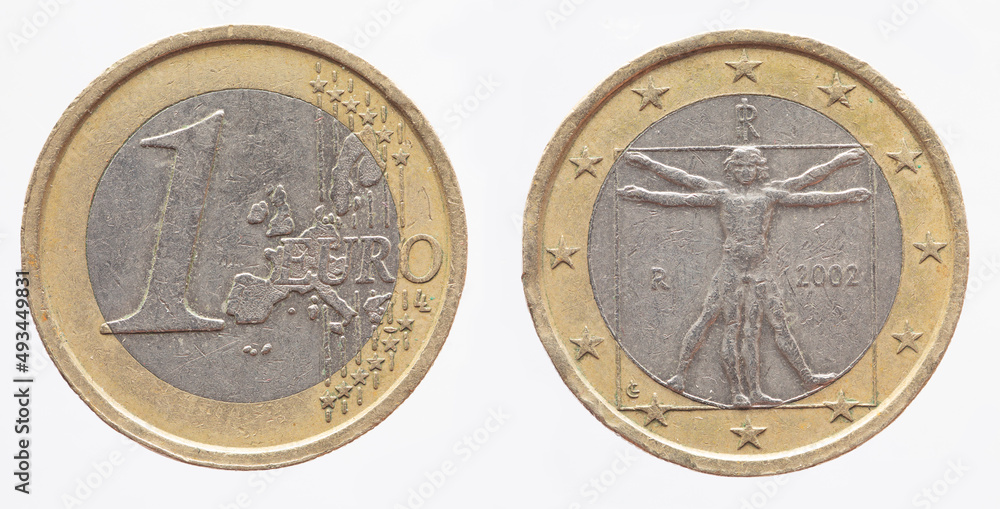 Italy - circa 2002 : a 1 Euro coin of Italy with a map of Europe