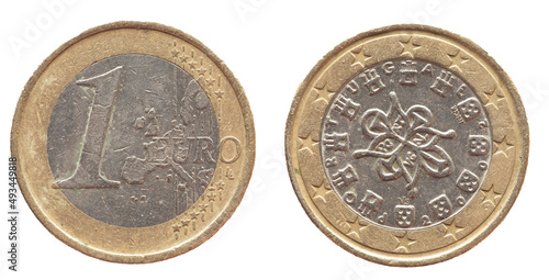 Portugal - circa 2002 : a 1 Euro coin of Portugal with a map of Europa and word marks from 1143.