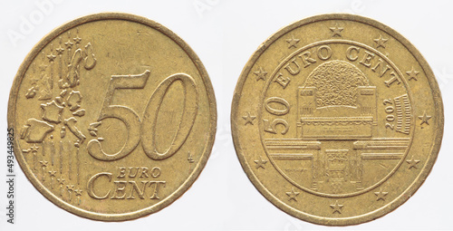 Bild auf Leinwand Austria - circa 2002: a 50 cent coin of Austria with a map of Europe and the fro
