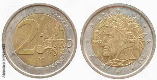 Wallpaper Mural Italy - circa 2005: a 2 Euro coin of Italy with a map of Europe and a portrait of the Italian poet and philosopher Dante Alighieri Torontodigital.ca