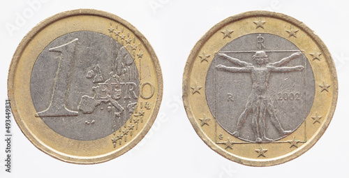 Wallpaper Mural Italy - circa 2002 : a 1 Euro coin of Italy with a map of Europe and the Vitruvian man with open arms by Leonardo da Vinci. Torontodigital.ca