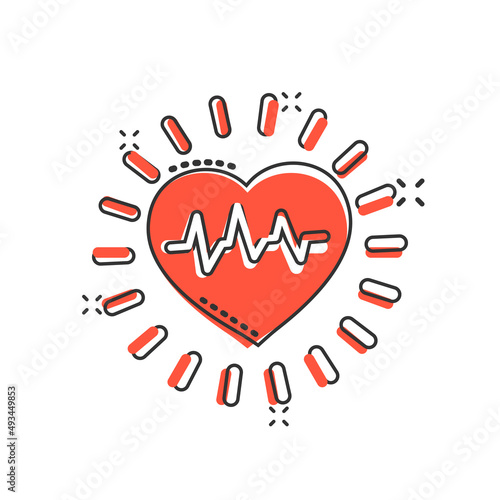 Arterial blood pressure icon in comic style. Heartbeat monitor cartoon vector illustration on isolated background. Pulse diagnosis splash effect sign business concept.