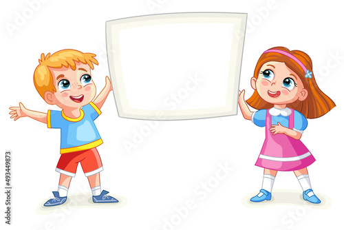 cartoon girl and boy with empty banner