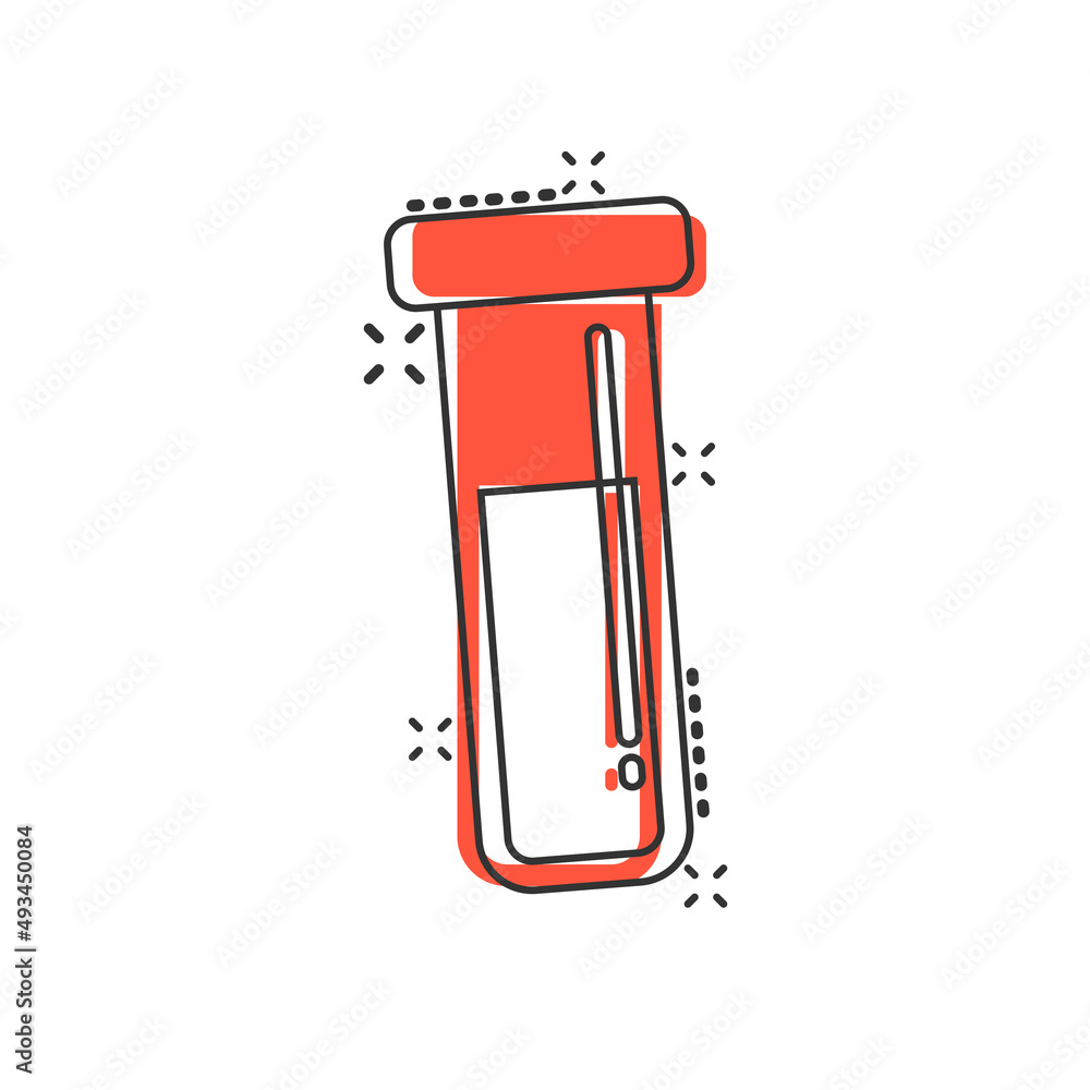 Blood in test tube icon in comic style. Laboratory flask cartoon vector illustration on isolated background. Liquid in beaker splash effect sign business concept. Blood in test tube icon in comic style. Laboratory flask cartoon vector illustration on isolated background. Liquid in beaker splash effect sign business concept.