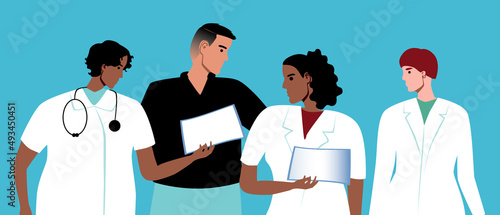 Adult male patient and team of doctors, flat vector stock illustration with person's visit to hospital or medical clinic for health care