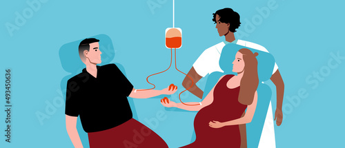 Blood donor and pregnant woman, flat vector stock illustration with doctor patients in blood transfusion clinic