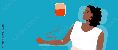 Blood donor as copy space pattern, flat vector stock illustration with blood transfusion and dropper